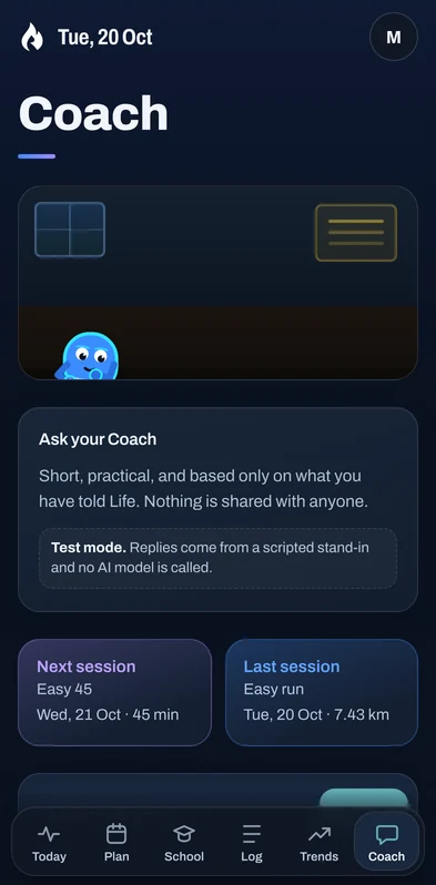 Coach: ask your Coach, with a note that it is in test mode and no AI model is called; next and last session