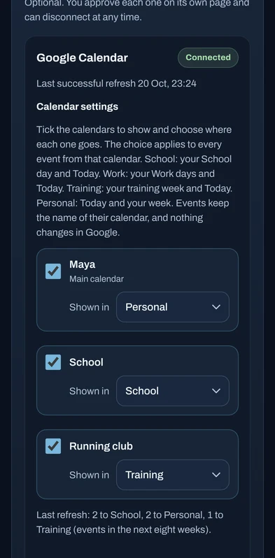Connections: Google Calendar connected, with three calendars and where each one is shown