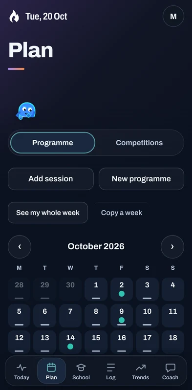 Plan: the October training calendar with sessions marked