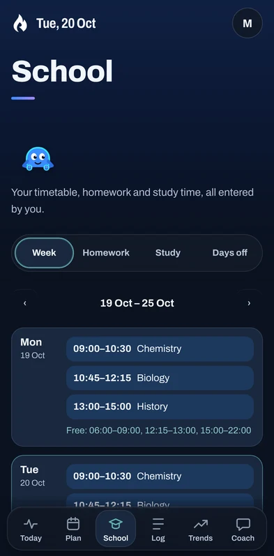 School: the week's timetable with Chemistry, Biology and History, and free time