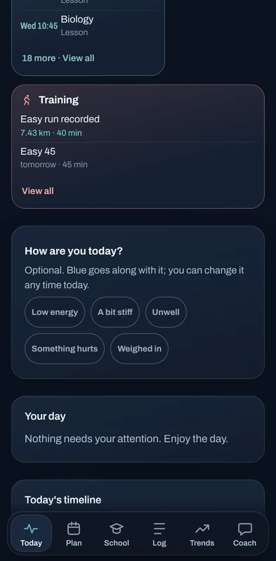 Further down Today: your day's note and today's timeline with lessons and free time