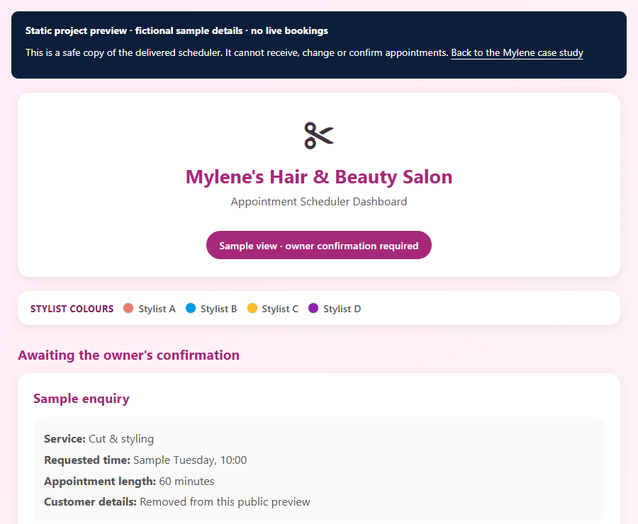The delivered scheduler interface, with fictional sample details awaiting owner confirmation