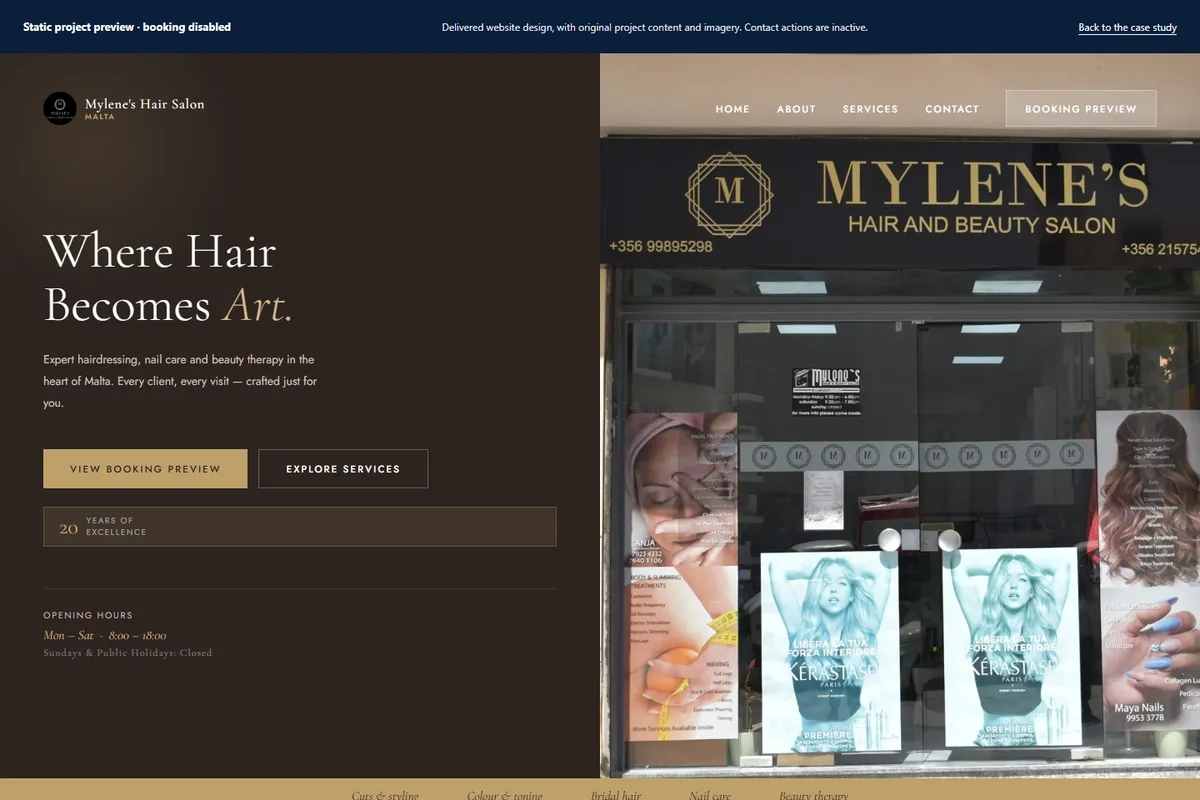 The delivered Mylene’s Hair and Beauty website, shown as a static project preview